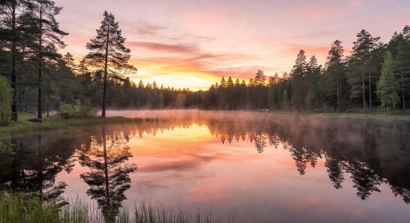 Beautiful sunrise over a calm Finnish lake surrounded by pine forests