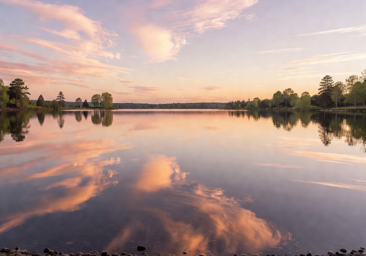 Calm lakeside view reflecting the sky