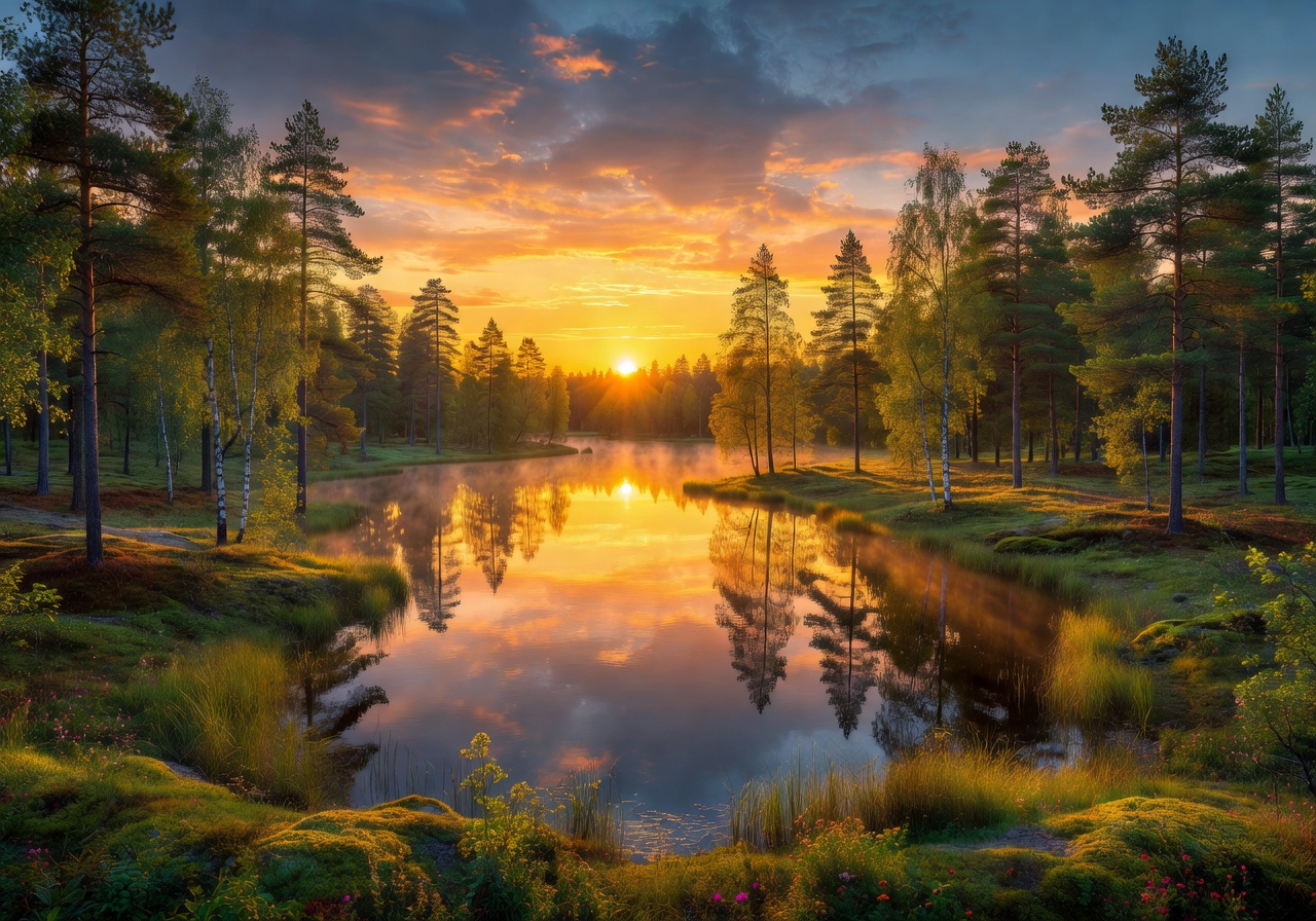 Golden midnight sun over a Finnish landscape
