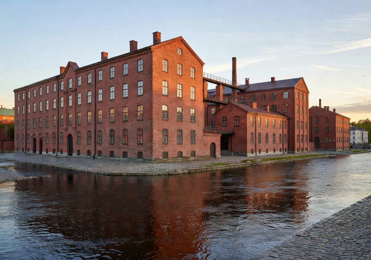 Industrial red brick buildings of Tampere along the river
