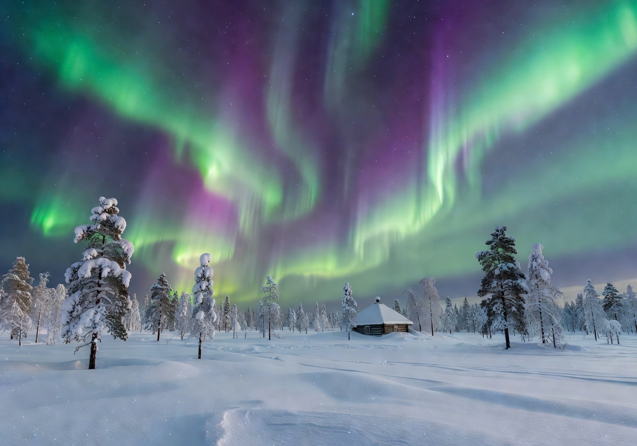 Vibrant green Northern lights shining brightly over a snowy Lapland forest landscape
