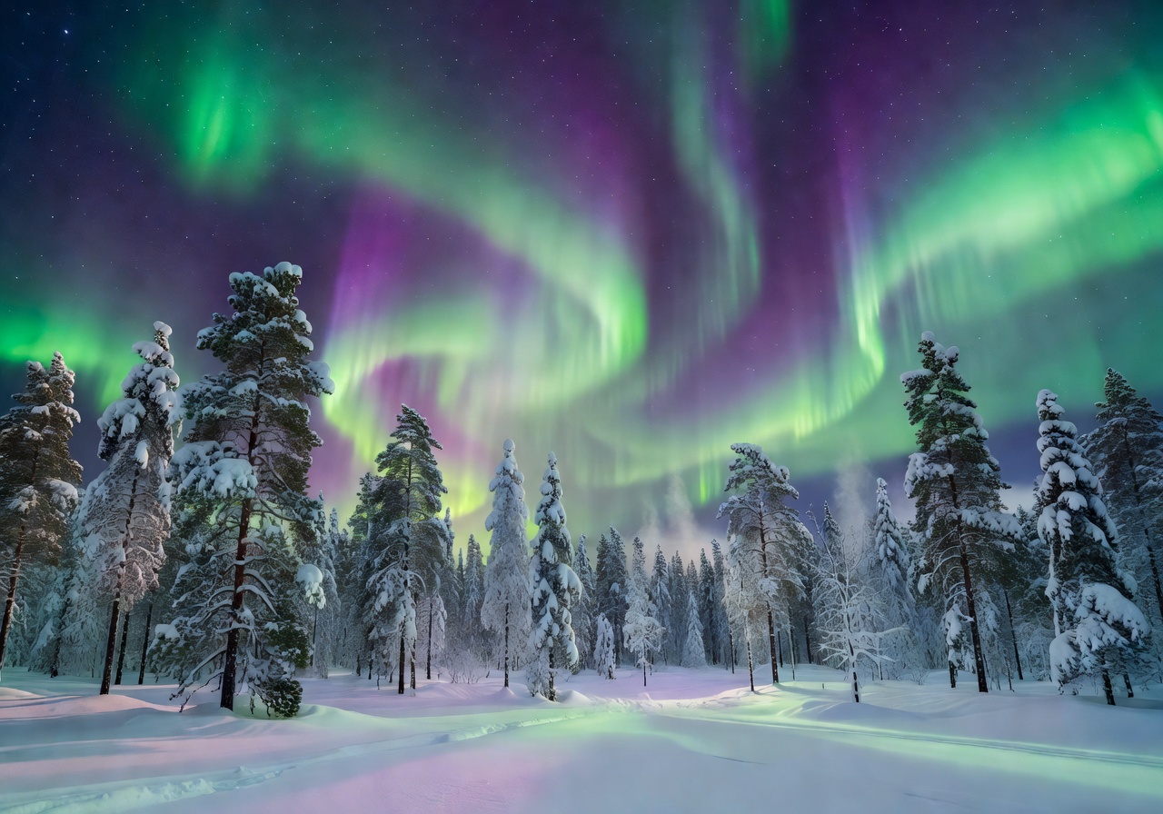 Northern lights shining over snowy pine trees in Finnish Lapland
