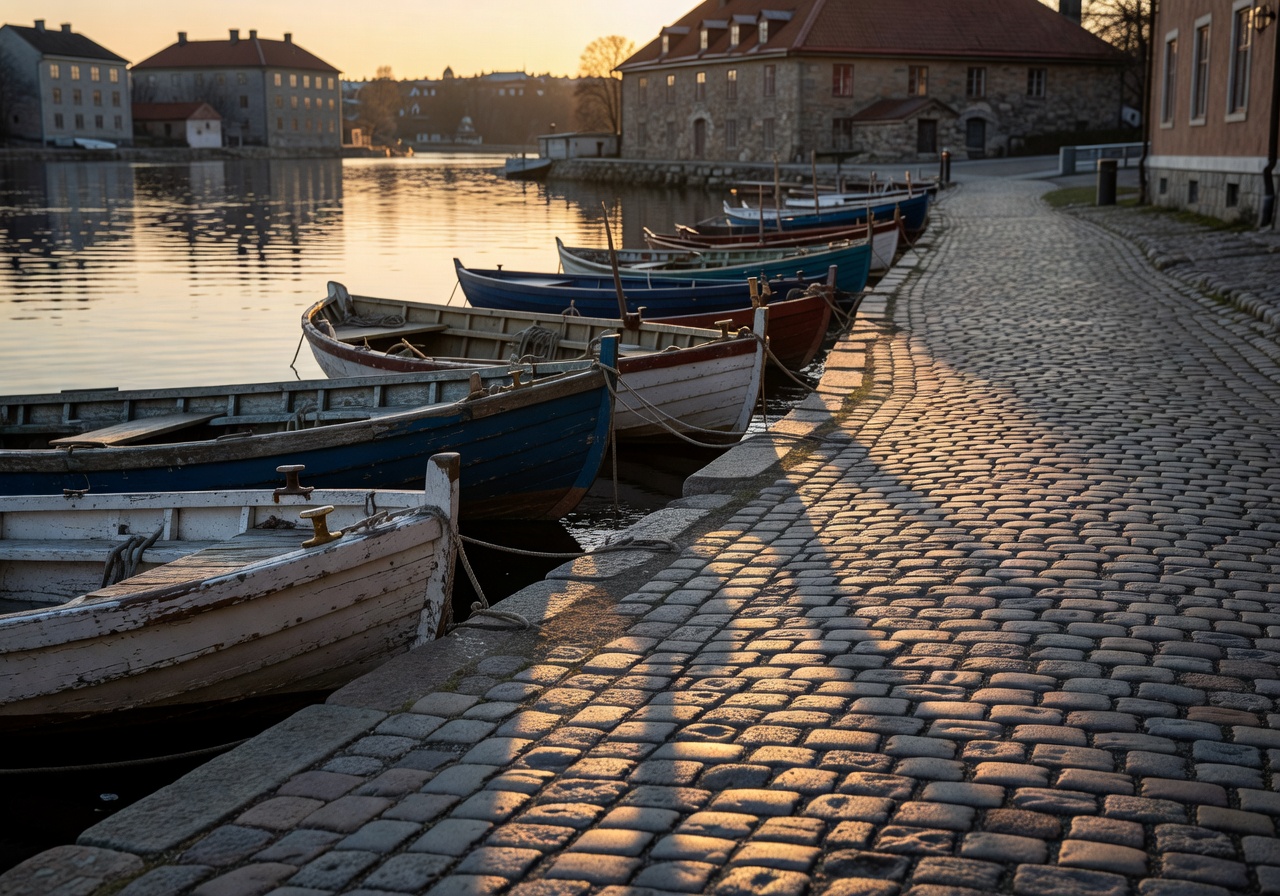 Turku riverside with old boats and cobblestone paths